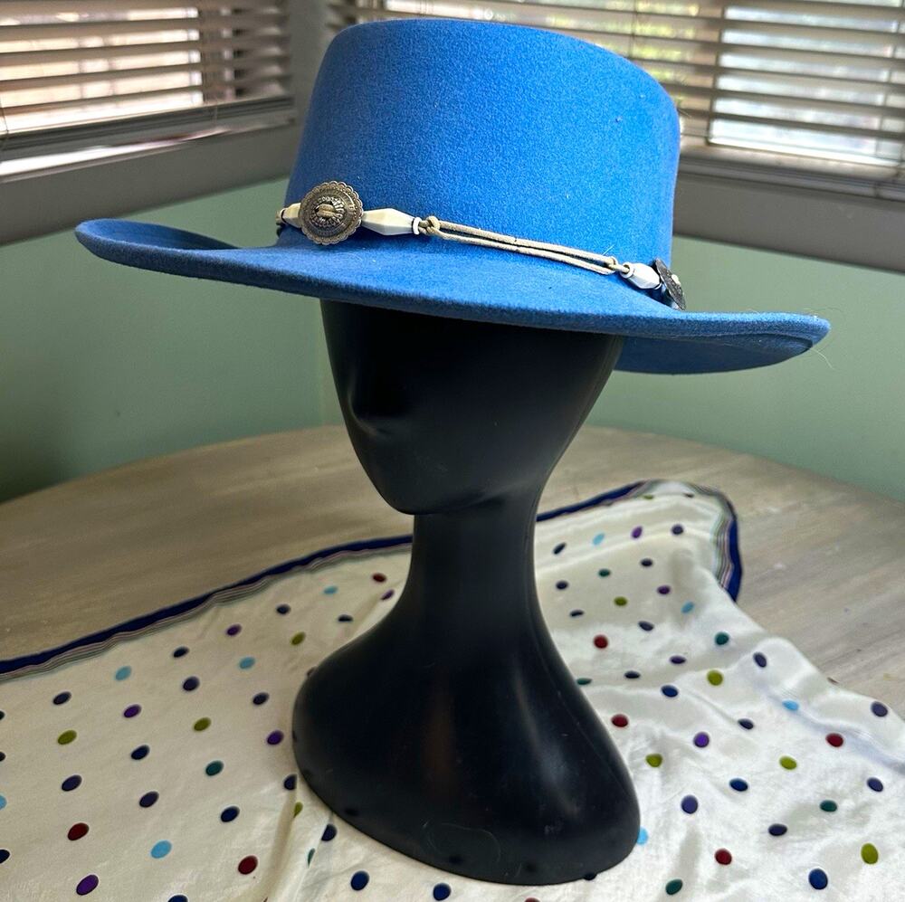 Scala Women’s Blue Solid Wool Felt Wide Brim Hat Chain Accent Size L